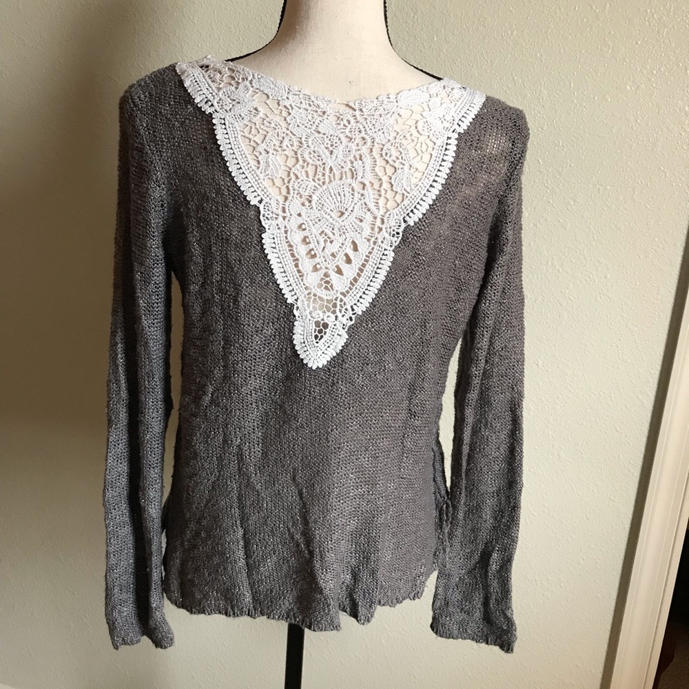 Gray Sweater with Crochet Laced back.